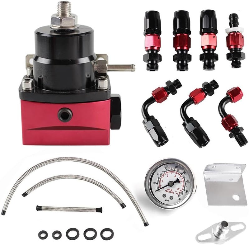 BARTOO Adjustable Fuel Pressure Regulator Kit with Bypass Return 30-70 psi Pressure Gauge, AN6-6AN Fuel Line Hose Fitting Connectors Kit(Red) - Image 1